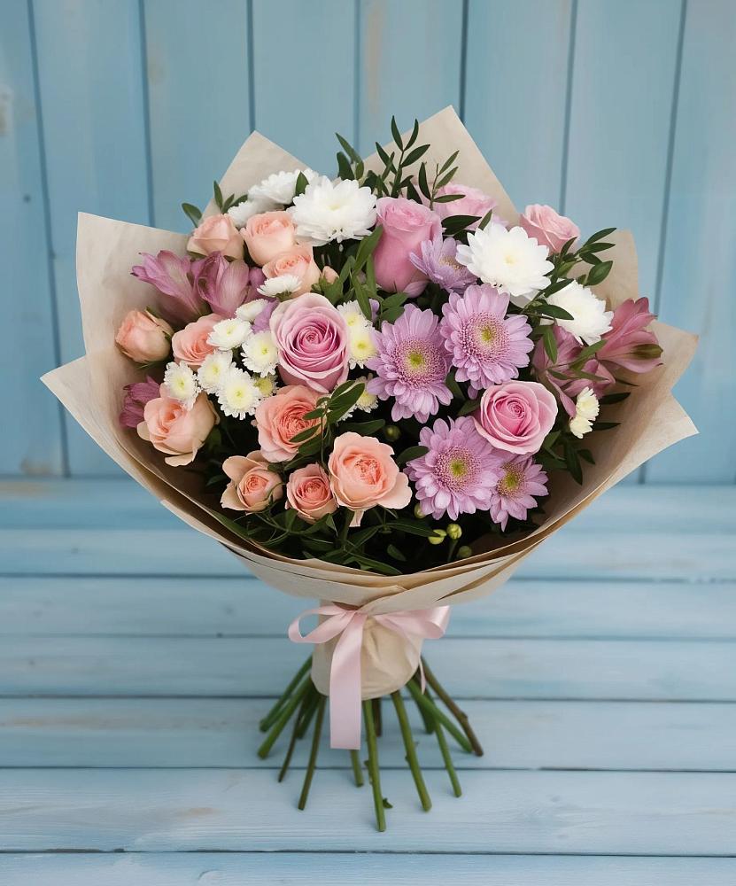 Букет цветов из: Хризантемы, Розы и Альстромерии в Нефедьево