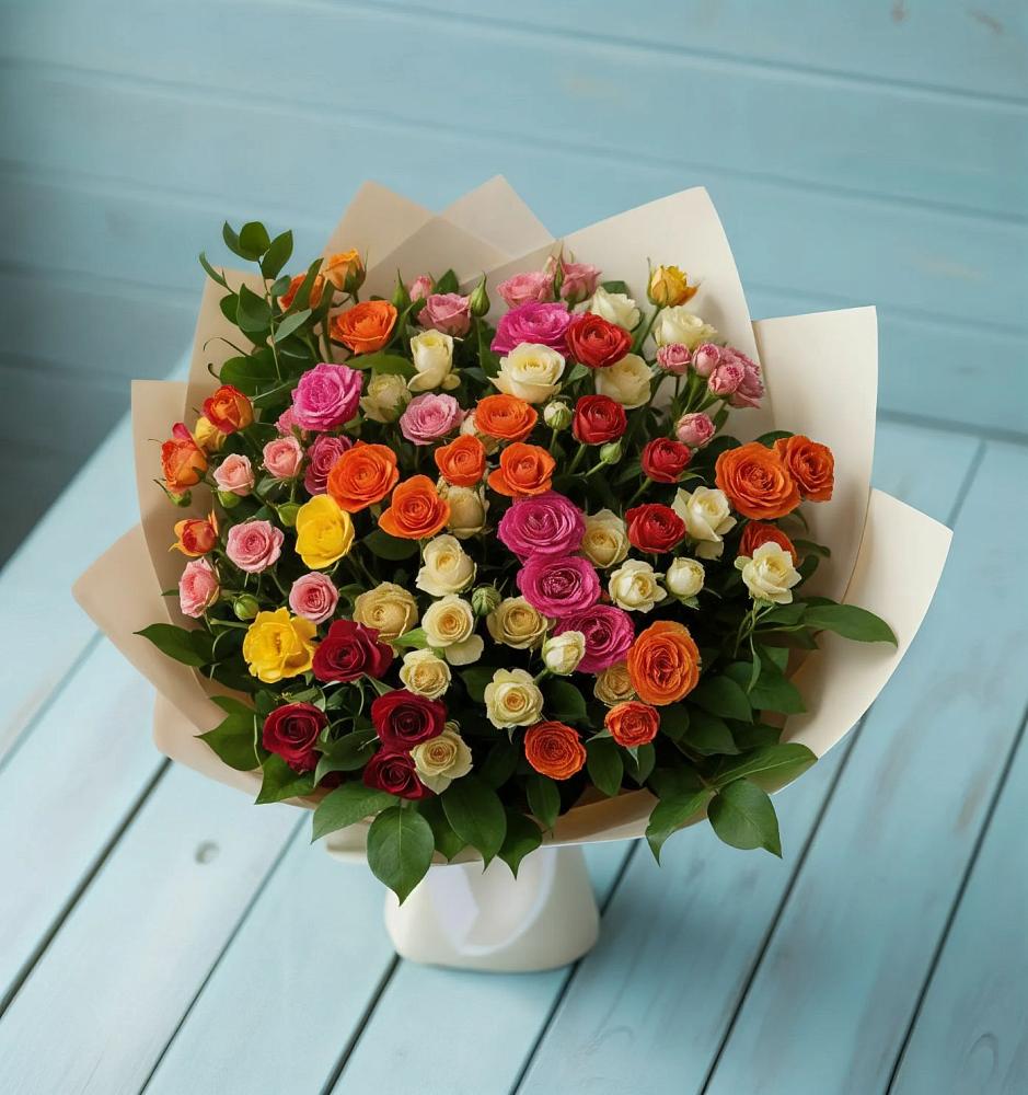 Букет Микс из разноцветных кустовых роз в Нефедьево