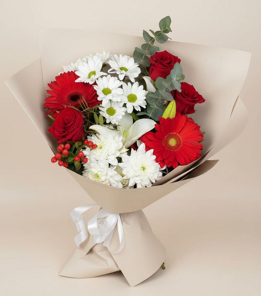 Букет цветов из: Розы, Хризантемы, Герберы и Лилии в Нефедьево