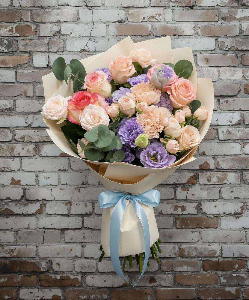 Букет цветов из: Розы, Лизиантусы и Гвоздики в Нефедьево