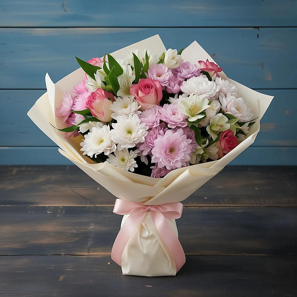 Букет цветов из: Хризантемы, Альстромерии и Розы в Нефедьево